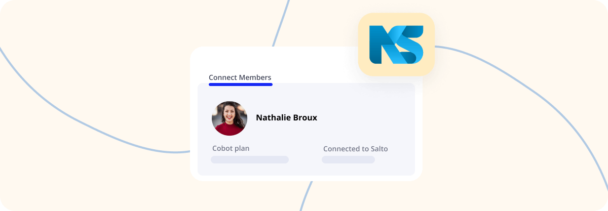 "Illustration showcasing the Salto Member Status Page, connecting members and access control seamlessly, with an example of 'Cobot Plan' linked to Salto within the same box.