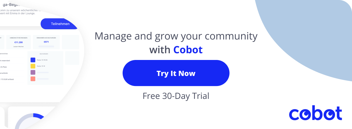 Promotional banner for Cobot: Manage and grow your coworking community with a free 30-day trial.