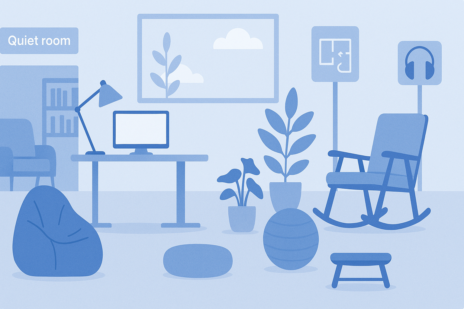 A stylized blue-toned illustration of a quiet coworking room with various seating options, plants, a desk with a computer, and accessibility signage.