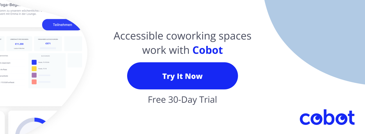 A promotional banner with the text “Accessible coworking spaces work with Cobot,” featuring a “Try it now” button and the Cobot logo.