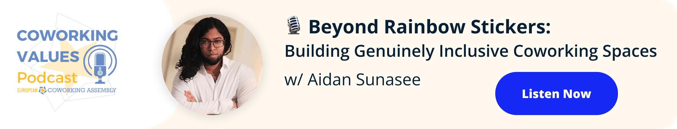Coworking values podcast's logo, Aidan's picture and a text suggesting to listen to the pocast.