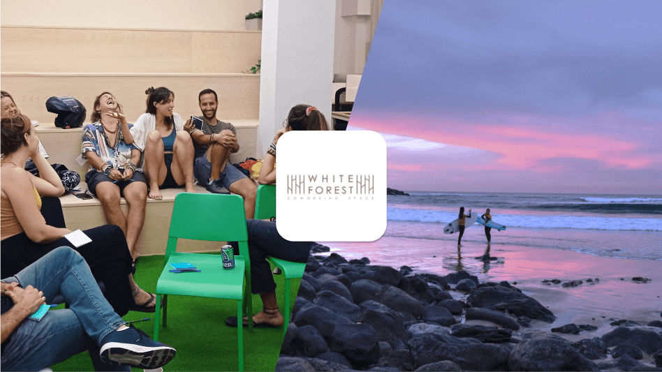 White Forest's interior and picture of the beach with surfers.