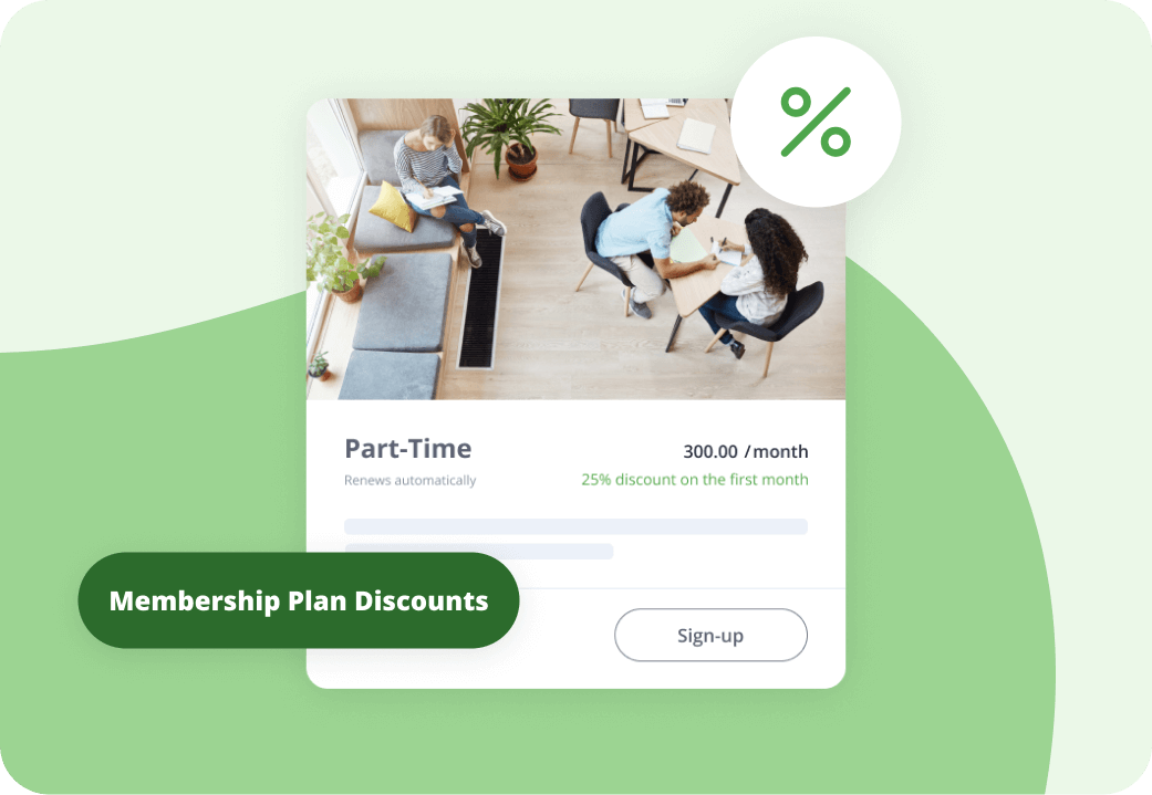 The resource booking card interface with a button saying "Membership Plan Discounts"