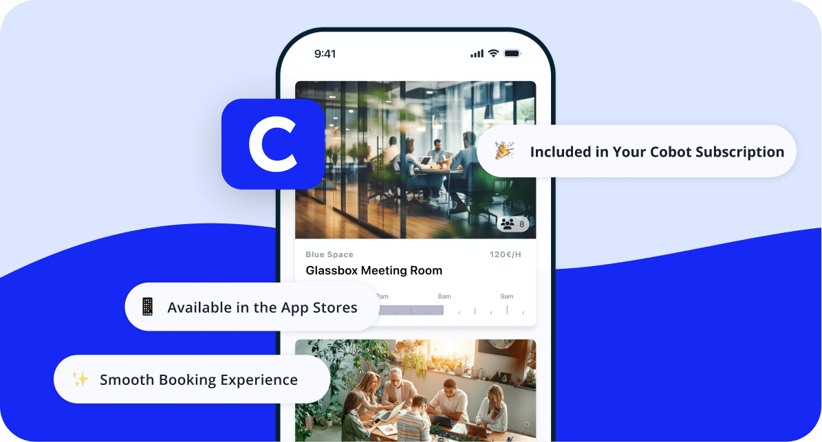 Cobots Member Booking Interface with Call Out buttons saying "Available in the App Stores"