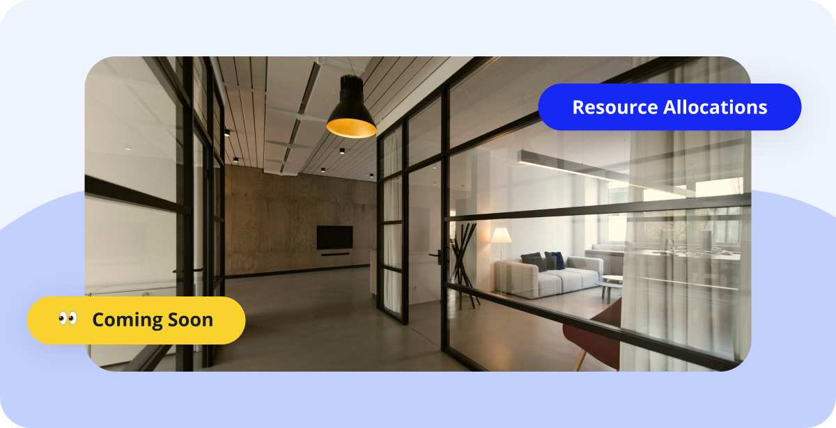 Teaser image for Cobot's upcoming Resource Allocations feature, showing a modern coworking office interior with a blue "Resource Allocations" badge and a yellow "Coming Soon" tag.