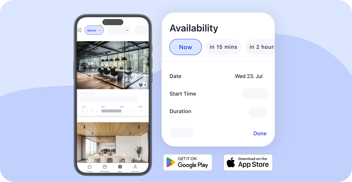 Cobot mobile app showing meeting room availability and instant booking options, with Google Play and App Store download buttons.