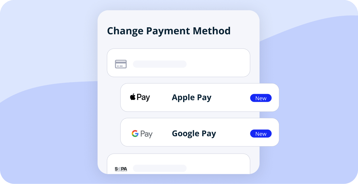 Payment settings in the Cobot member portal showing Apple Pay and Google Pay as available payment methods alongside existing options.