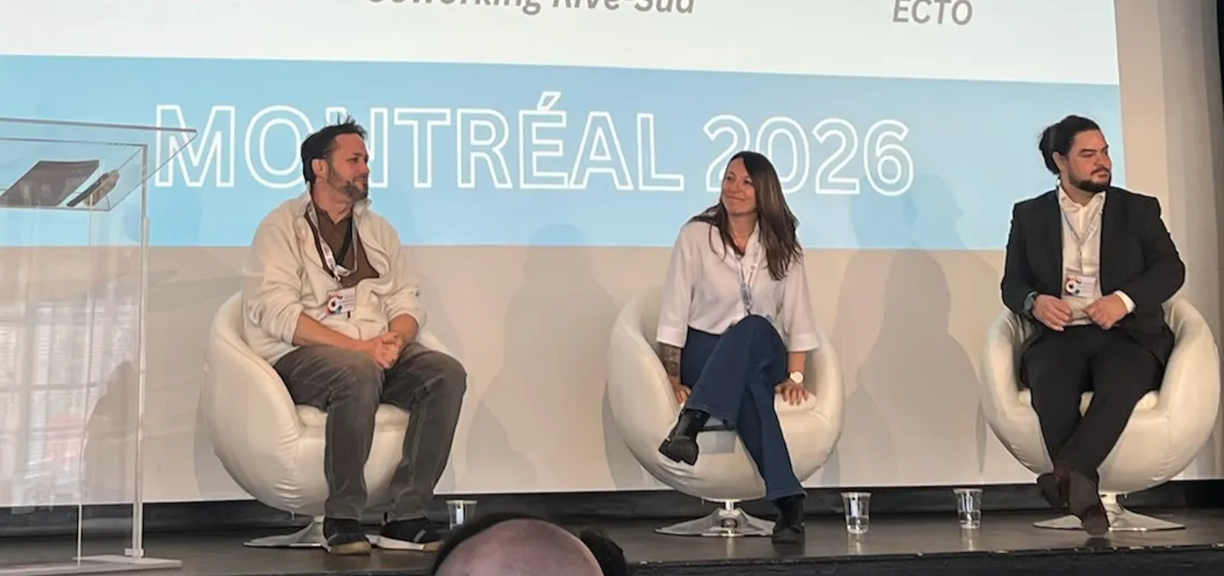  François Richard (ECTO), Francis Talbot (Montréal CoWork), and Aurélie Pepin (Walter Montréal) sitting in a panel at coworking canada 2026.