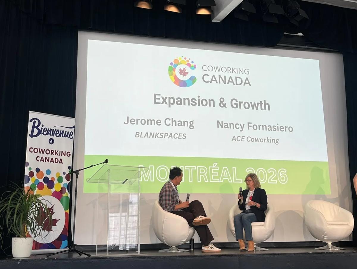 Jerome Chang of BLANKSPACES and Nancy Fornasiero of ACE Coworking on stage for the Expansion & Growth session at Coworking Canada 2026