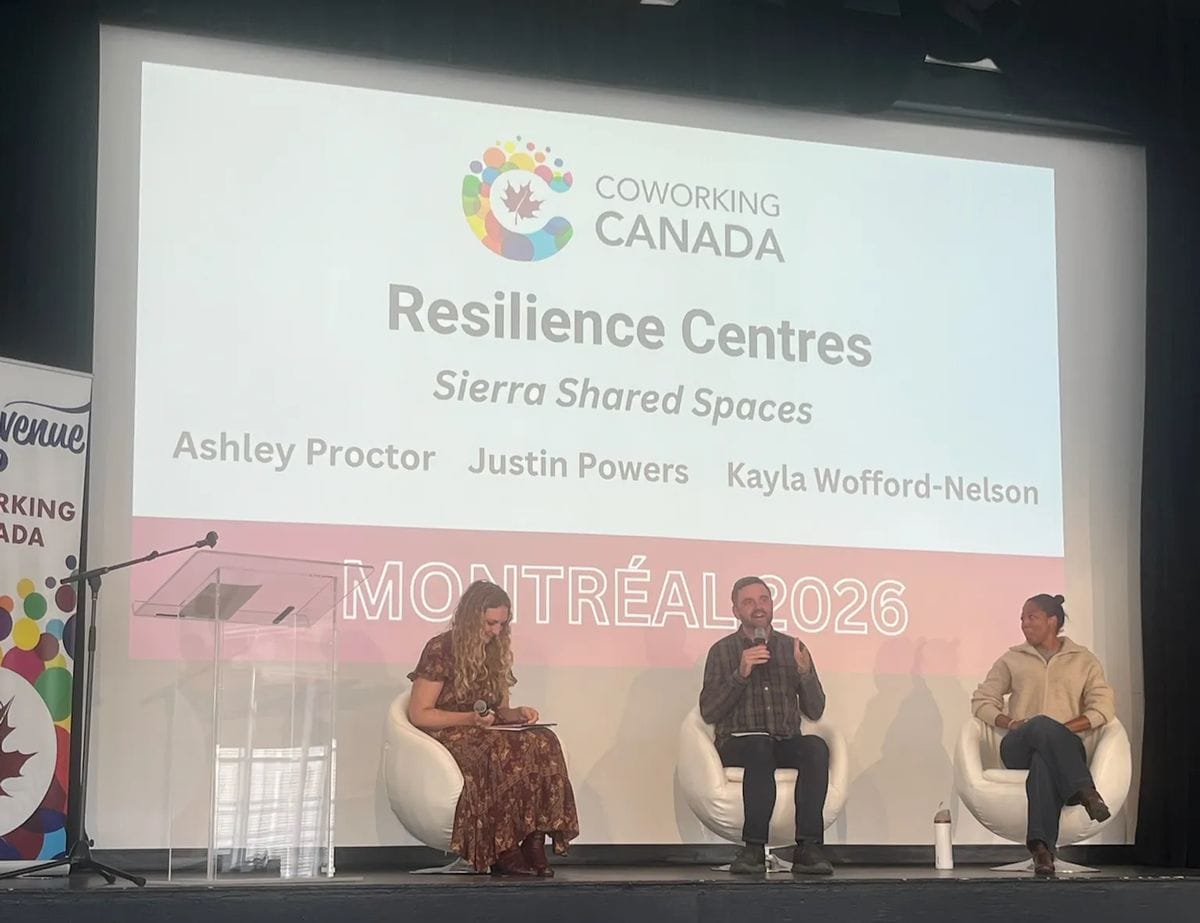 Ashley Proctor, Justin Powers, and Kayla Wofford-Nelson on stage during the Resilience Centres session at Coworking Canada 2026