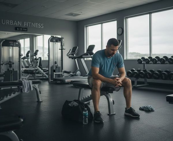 Man resting between sets in a quiet gym early in the morning before work