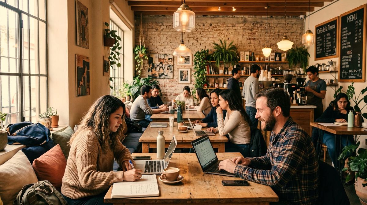 Empleados IA trabajando en una cafetería mexicana