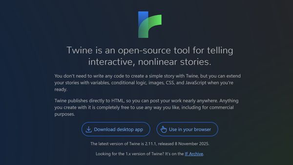 A green and blue logo above text that reads: Twine is an open-source tool for telling interactive, nonlinear stories.