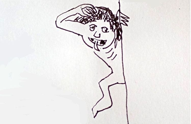 niño raro asomándose de una pared. strange child peeking out from a wall.