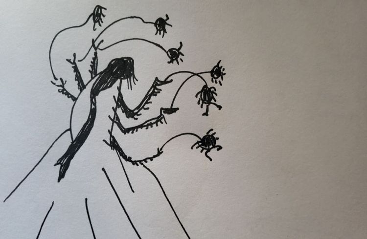 una mujer con brazos de araña y una trenza larga. lanza arañas pequeñas. a woman with spider arms and a long braid. she throws small spid