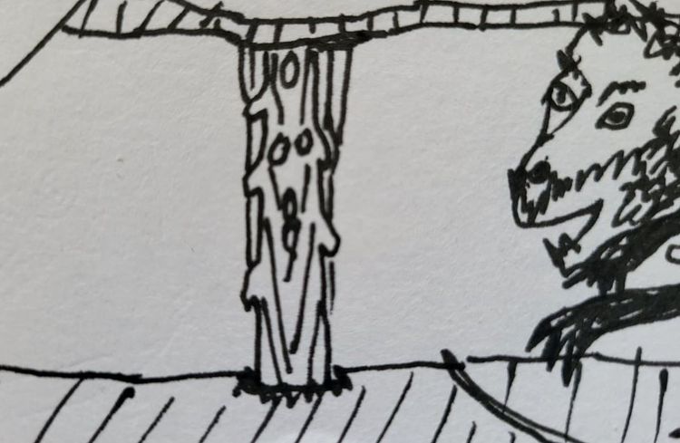 una columna de madera bajo un techo, con la rata de ayer. a wooden column under a roof, with yesterday's rat.