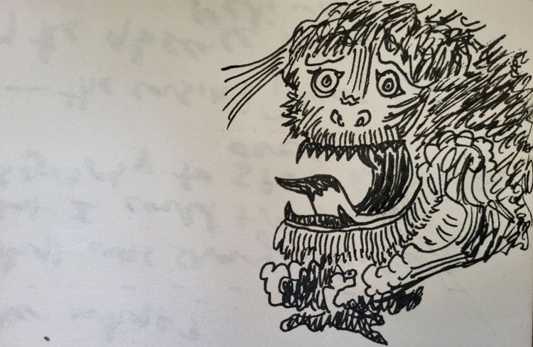 una bestia como un león que bosteza y saca la lengua. a lion-like beast that yawns and sticks out its tongue.