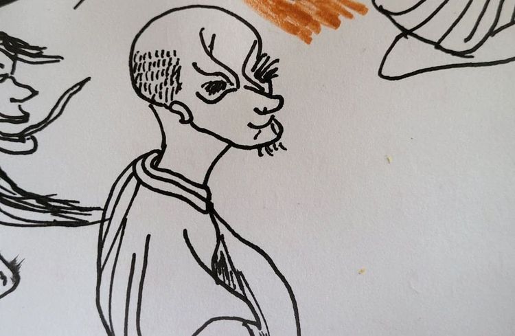 demonio calvo en una túnica. bald demon in a tunic.