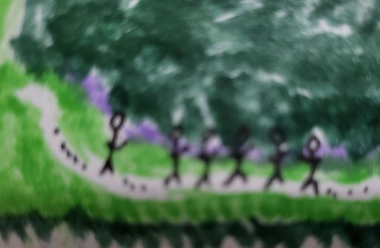 gente caminando en un paisaje verde. people walking in a green landscape.