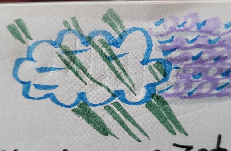 una nube azul con rayos verdes. a blue cloud with green lightning bolts.