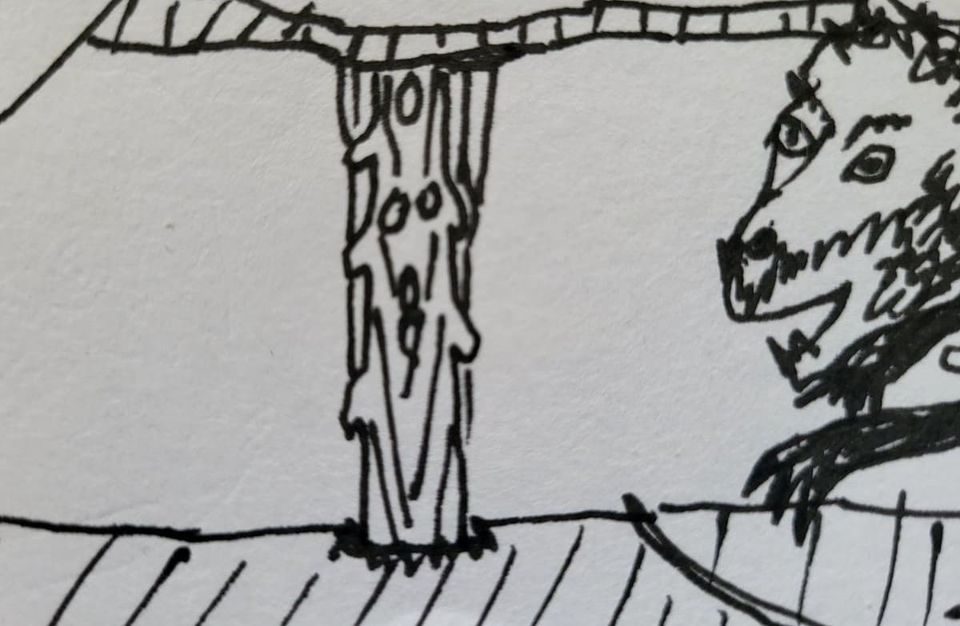 una columna de madera bajo un techo, con la rata de ayer. a wooden column under a roof, with yesterday's rat.