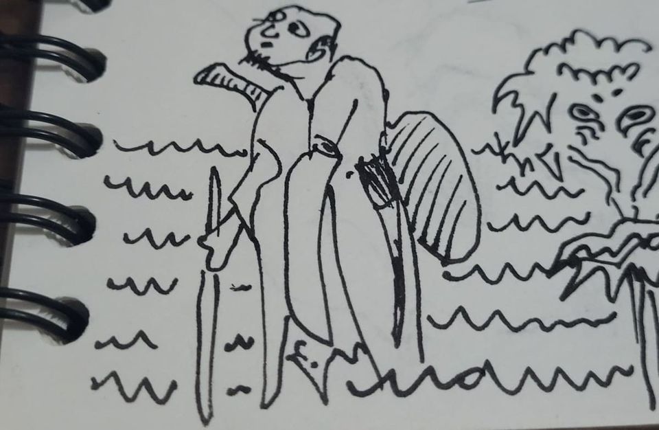 persona en una túnica con guitarra en el mar. person in a tunic with a guitar in the ocean.