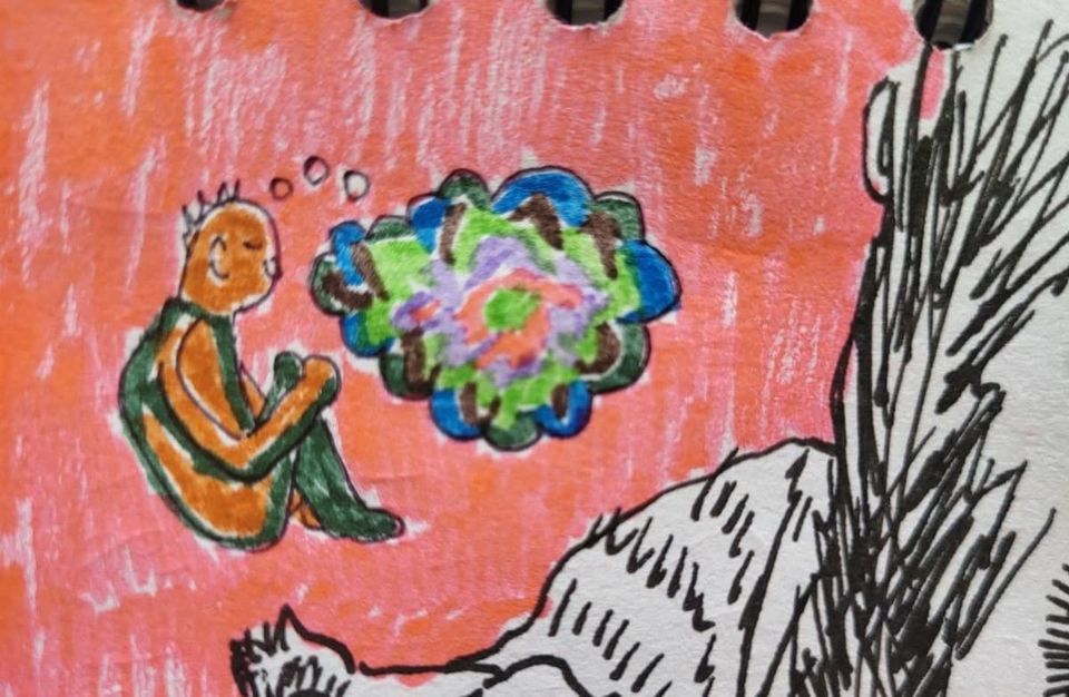 persona agachada, durmiendo, emitiendo una burbuja de la mente. crouched person, sleeping, emitting a bubble from their mind.