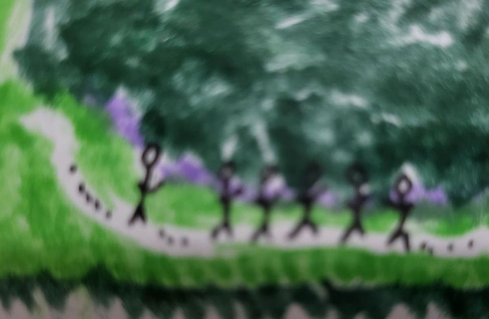 gente caminando en un paisaje verde. people walking in a green landscape.