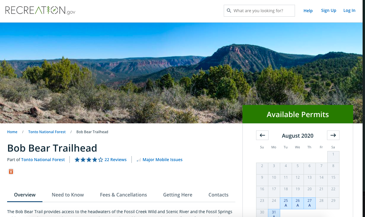 Permit website to Bob Bear Trail Arizona FOssil Springs