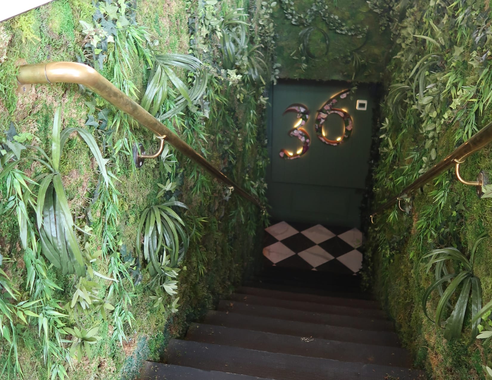Dark staircase surrounded by lush greenery leading down to the entrance of 36 Below speakeasy in Phoenix.
