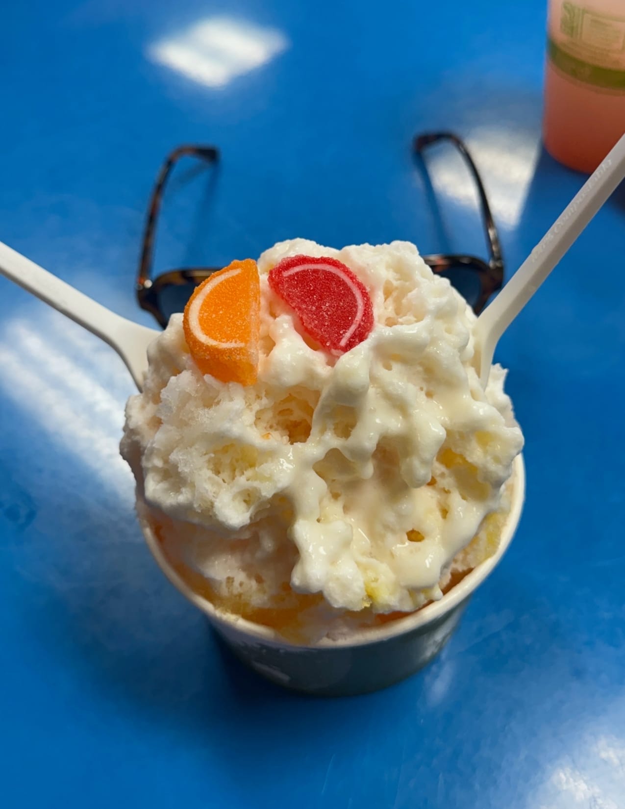 Bowl of Hawaiian Shaved Ice topped with condensed milk from Da Kine in Maui, Hawaii