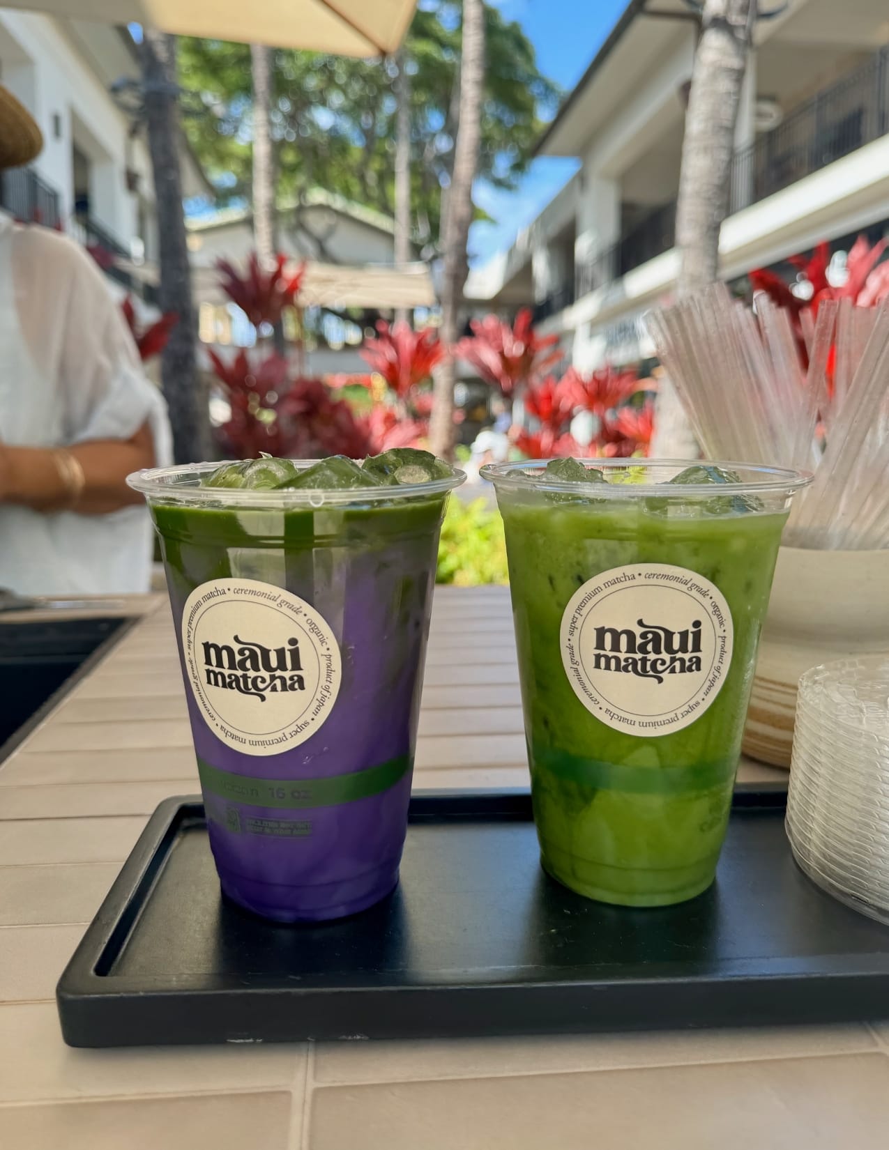 two cups of ceremonial grade matcha from Maui Matcha at the Shops at Wailea in Maui, Hawaii