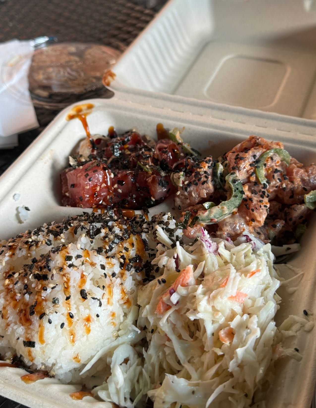 traditional poke and spicy poke bowl from South Maui Fish Co. in Maui, Hawaii