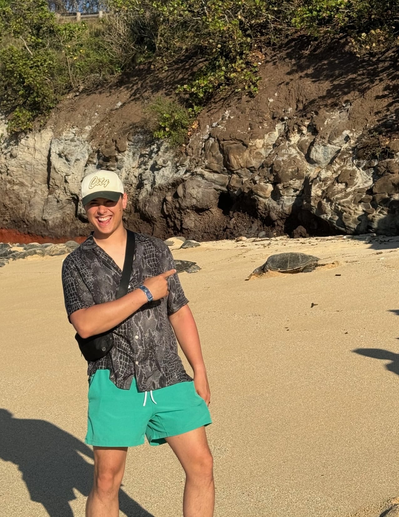 Man standing on the sand pointing at a sleeping sea turtle at Ho'okipa Beach in Maui, Hawaii