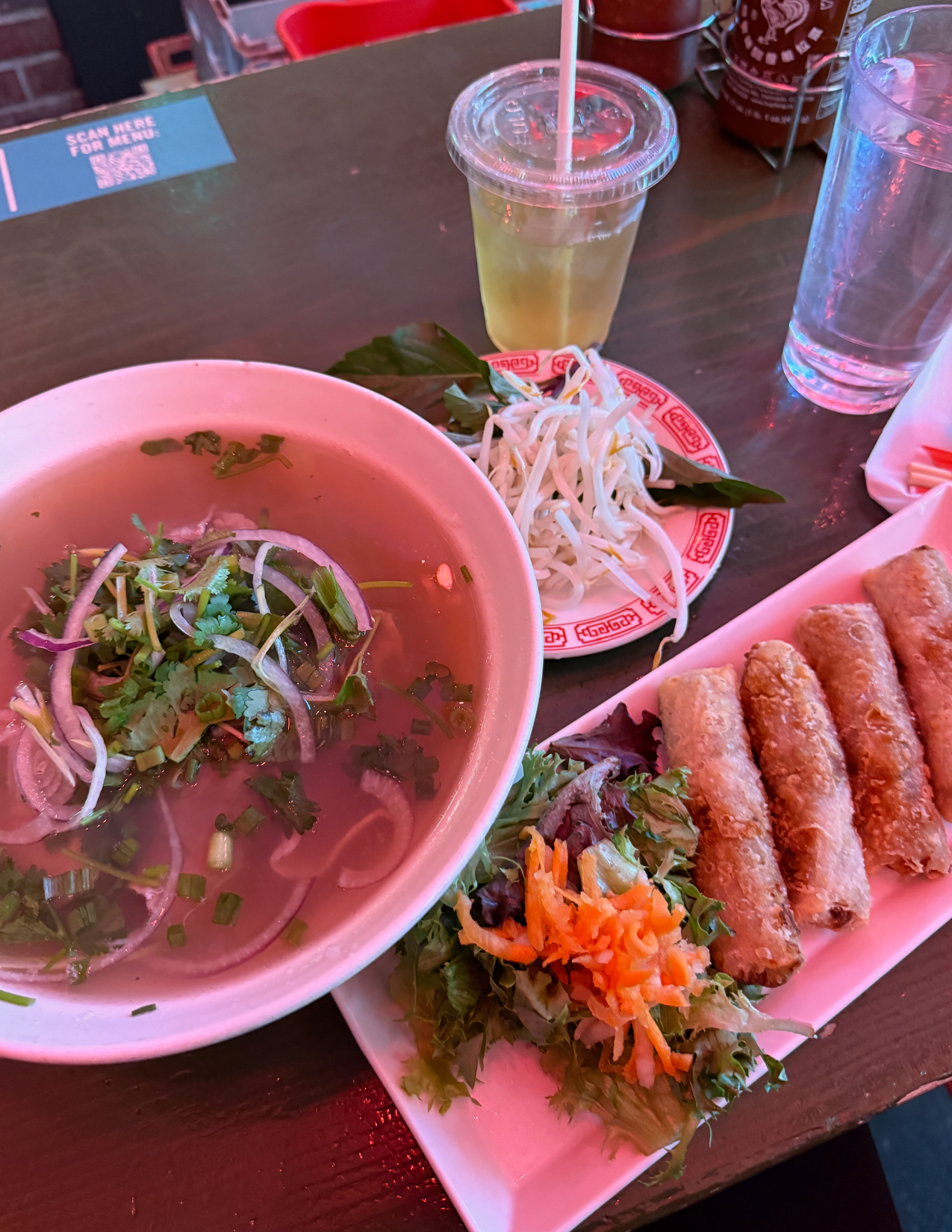 Bowl of Beef Pho and a Plate of eggrolls at Luc Lac Vietnamese Kitchen in Portland, Oregon