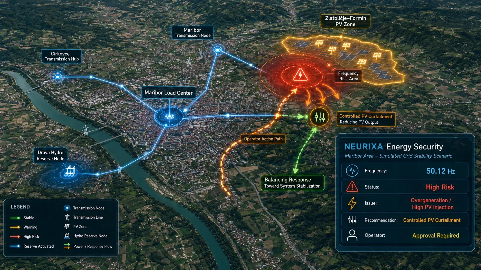 Simulated Maribor-area high-risk grid condition showing transmission nodes, hydro reserve, solar generation, controlled response and required operator approval.