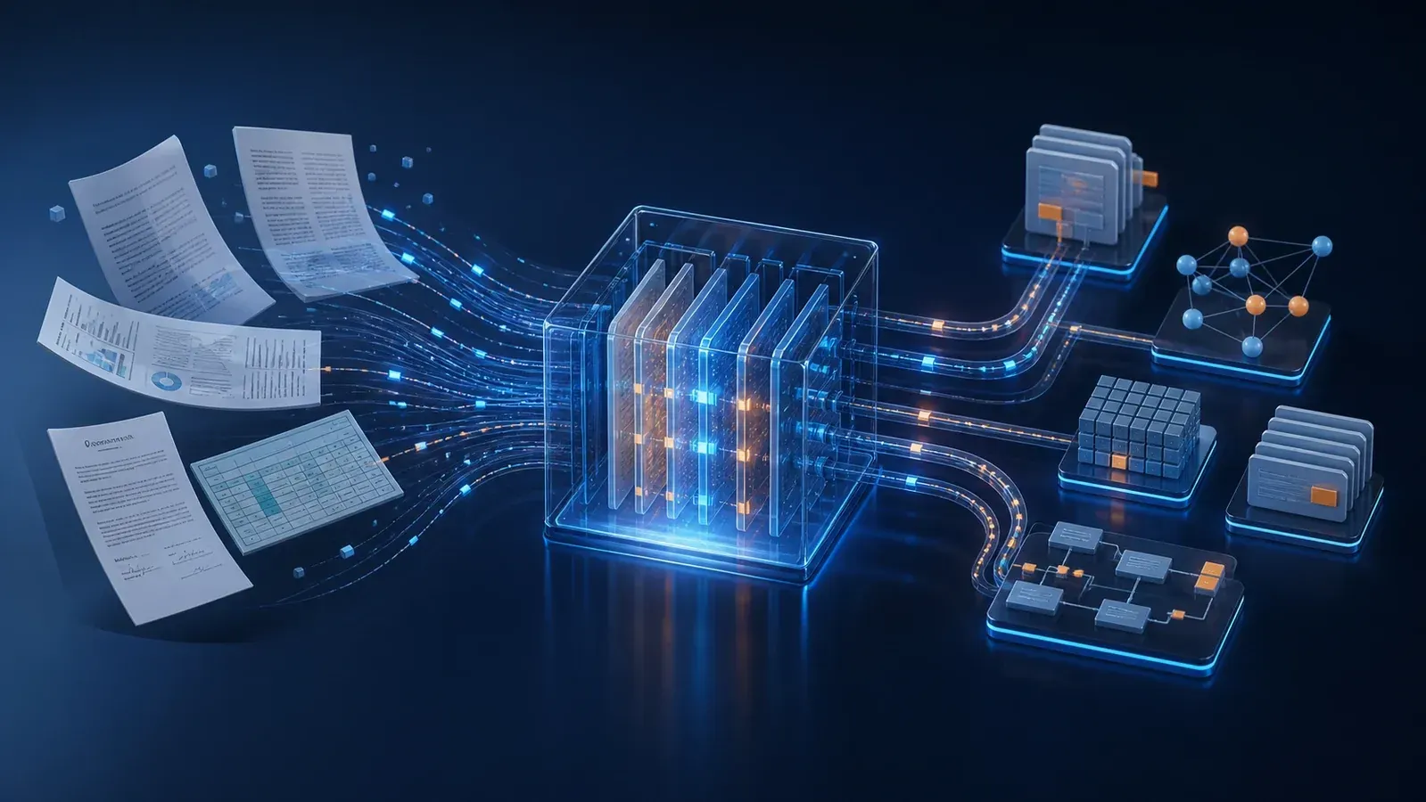 Enterprise documents flowing through a controlled processing layer into connected, source-linked knowledge objects.