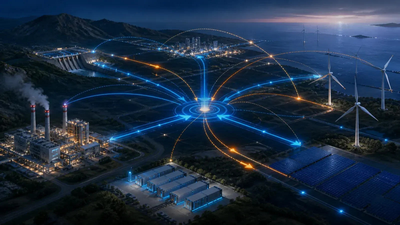 Generation, wind, solar, battery storage and grid flows converging into a coordinated energy decision point.
