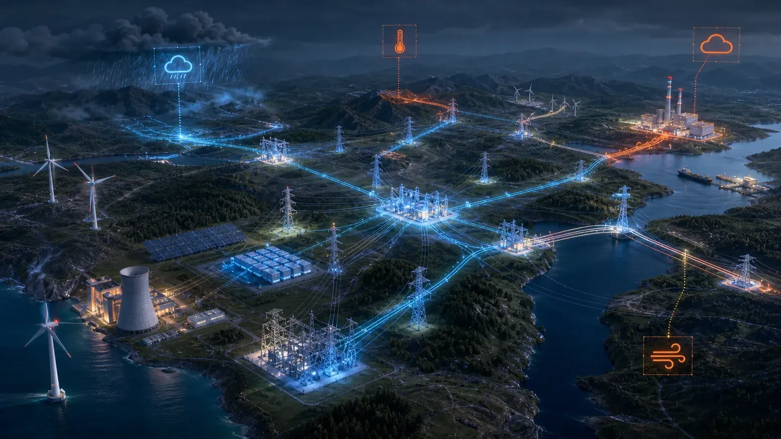 A resilient regional electricity network connecting generation, storage, substations and interconnectors under changing risk conditions.