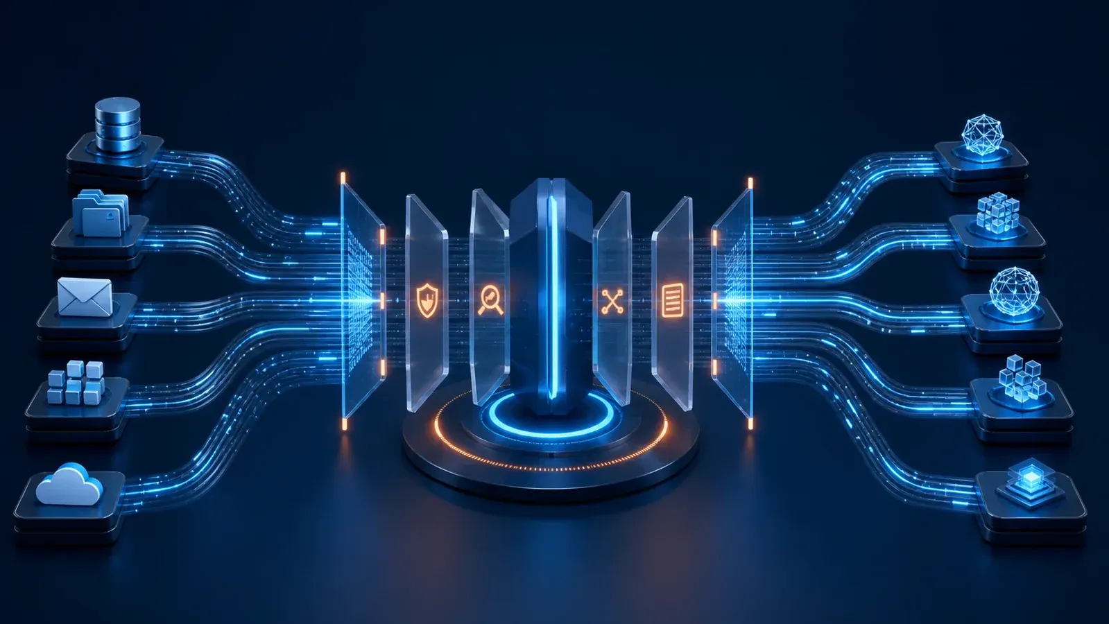 Enterprise data requests passing through a central controlled AI gateway with inspection, routing and audit layers.
