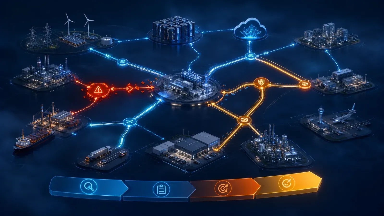 Critical services and suppliers connected through primary and alternative pathways, with one disruption and a controlled recovery sequence.