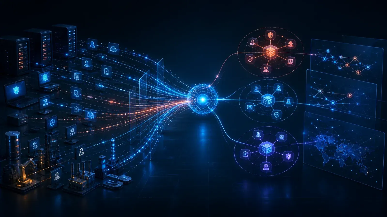 Security events from enterprise and industrial systems converging into correlated investigation clusters and evidence paths.