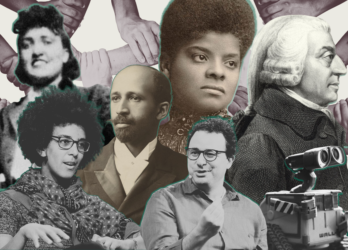Collage art featuring clasped hands over a cream background, and layered in front of them, key figures whose work is relevant to the article.