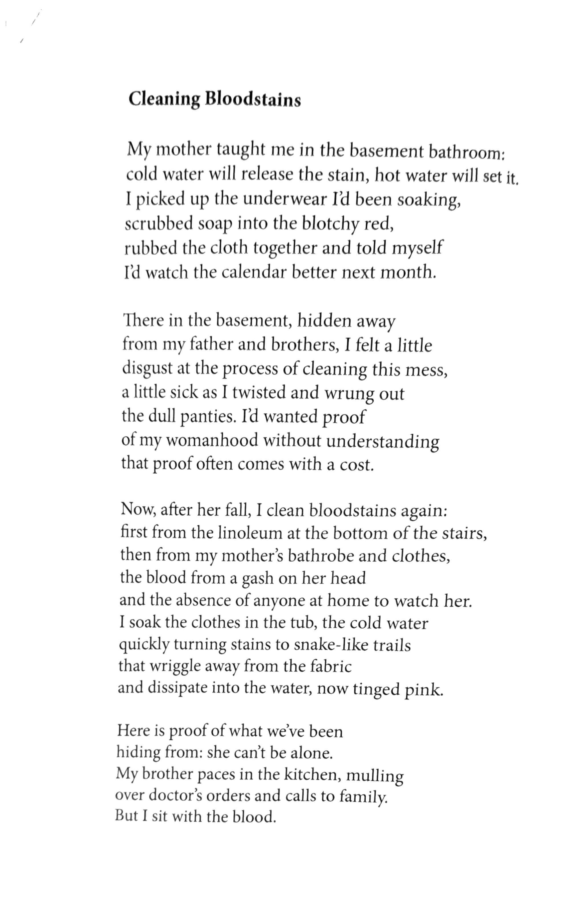 Alt text here won't let me copy the whole poem but it is called Cleaning Bloodstains