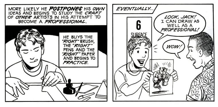 Left image is of a boy starting to draw and the right image is the same boy showing a picture of Wolverine to a friend.