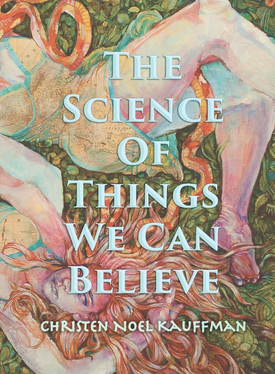 Cover of poetry book. Half a woman's body on top and the other below on bed of green.