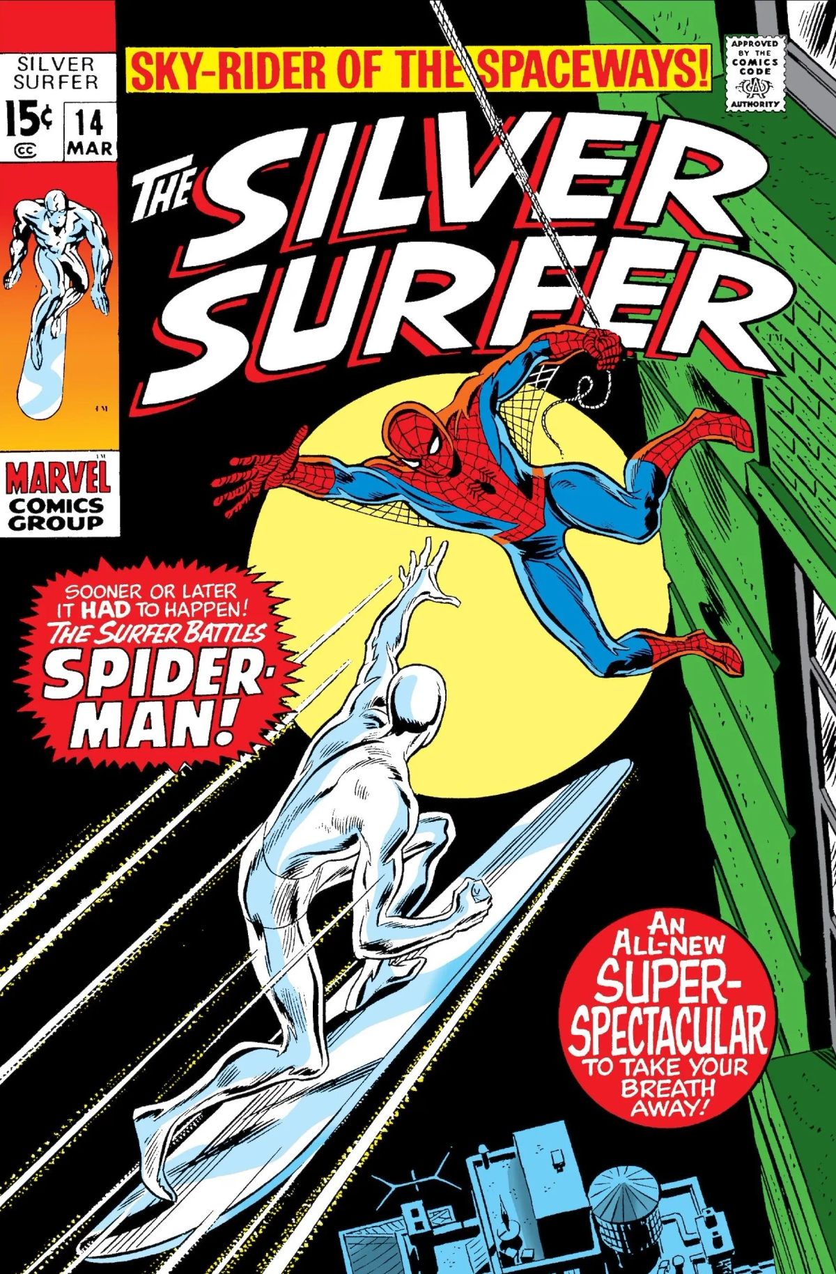 Comic book cover with silver surfer flying towards spider-man.