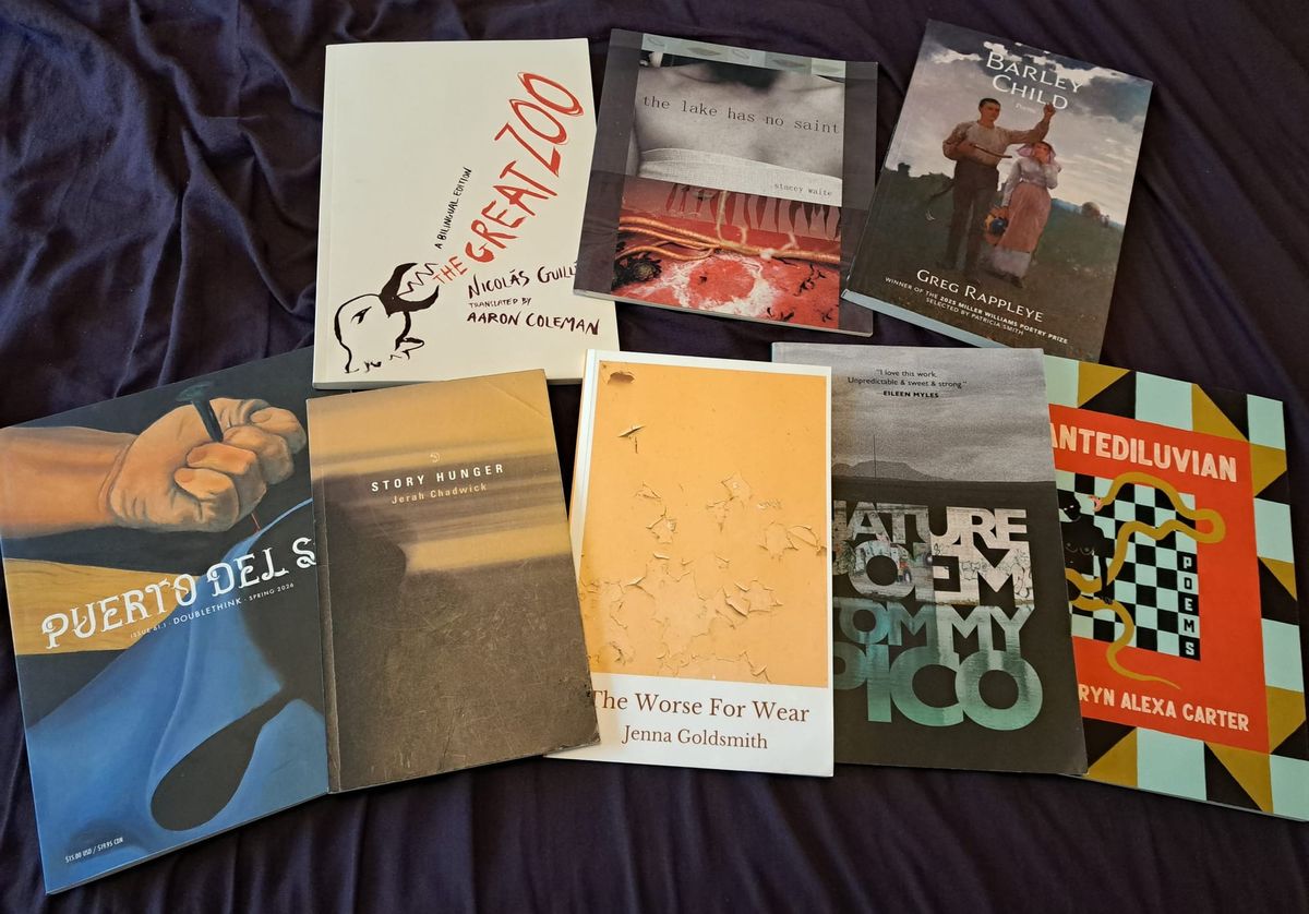 a purple sheet as background. Eight books lay on top. All of the books from the text below