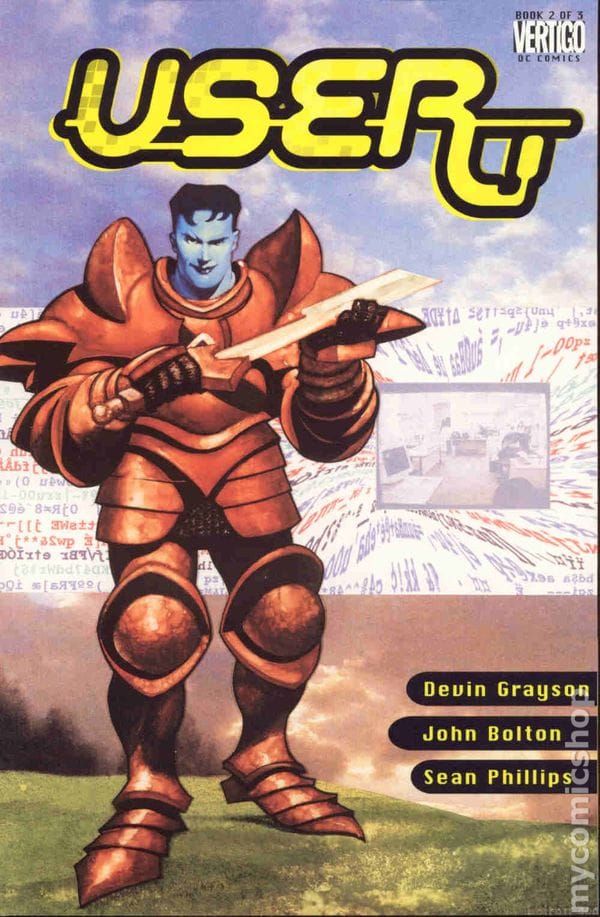 Issue 2 of User. Man in front with brown red armor, a sword, and a grin. Image of real world behind surrounded by coding