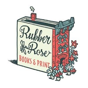Drawn image of Rubber Rose. Red brick building in front with lots of flowers. Name on side of building.